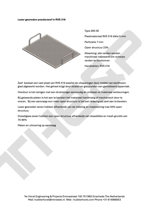 Laser gesneden poederzeef Type 260-00 in RVS 316